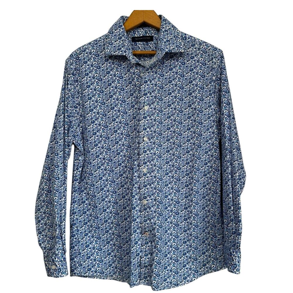 Tommy Hilfiger Men’s Blue Floral Slim Fit Stretch Dress Shirt Size M 15.5 32/33